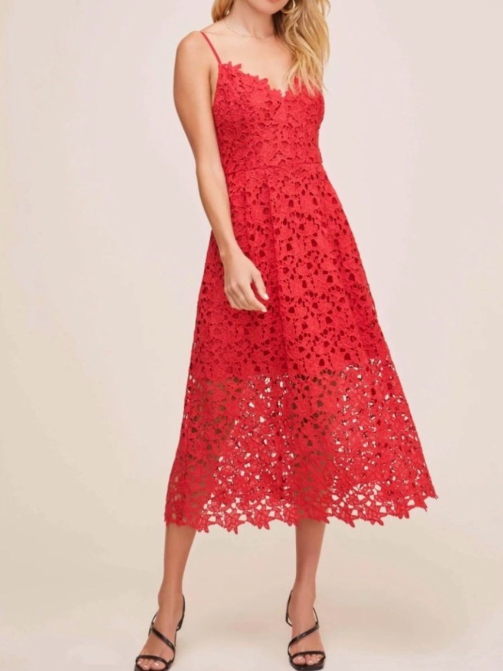 Red Lace Midi Dress with Spaghetti Straps